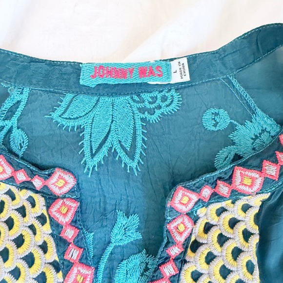 Johnny Was Tunic Women Large Teal Floral Embroidered Cupra Rayon Boho Split Neck - Picture 3 of 13